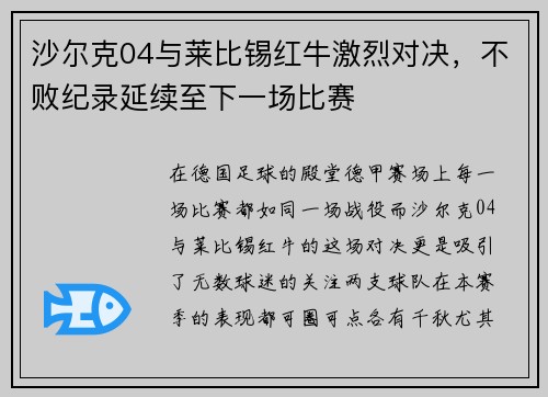沙尔克04与莱比锡红牛激烈对决，不败纪录延续至下一场比赛
